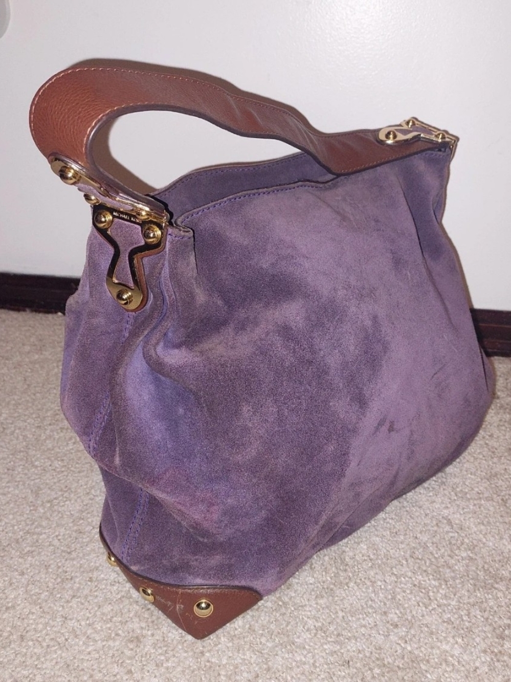 Michael Kors Purple Suede Hobo with Brown Leather Accents and Gold Hardware
